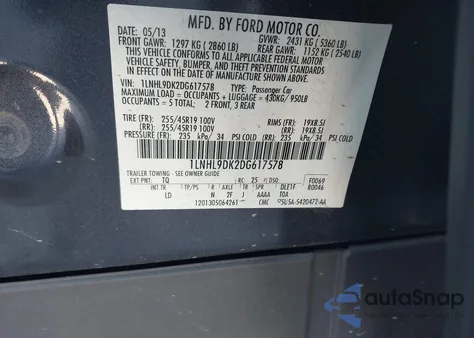 2013 Lincoln Mks z USA, uszkodzony, nr VIN 1LNHL9DK2DG617578